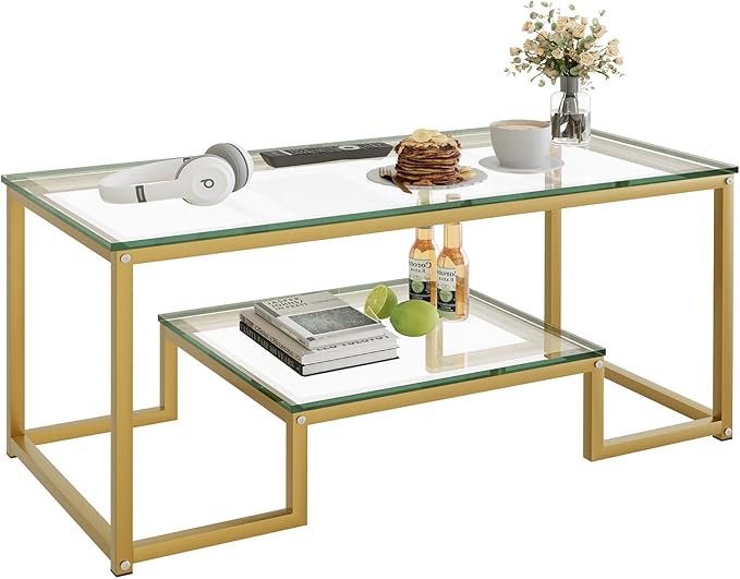Coffee Table Gold Glass Coffee Table for Living Room,2 Tiers Rectangle Center Table with Sturdy Metal Frame,Modern Tempered Glass Accent Table for Bedroom Home Office
