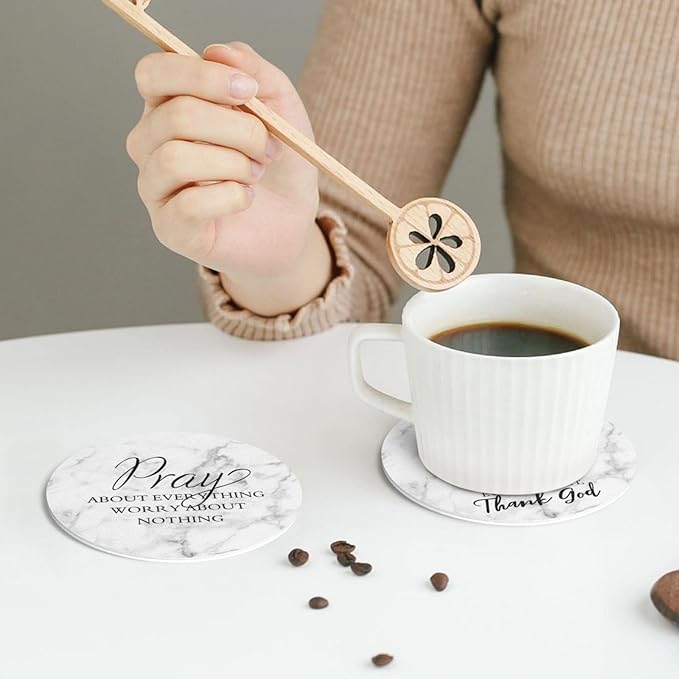 Marble Grey Christian Bible Verses Coasters Set of 6 Coasters for Drinks Absorbent Double-Sided Leather PVC Coaster for Tabletop Protection Coffee Table Decor Ideal for Home Decor House Warming Gifts
