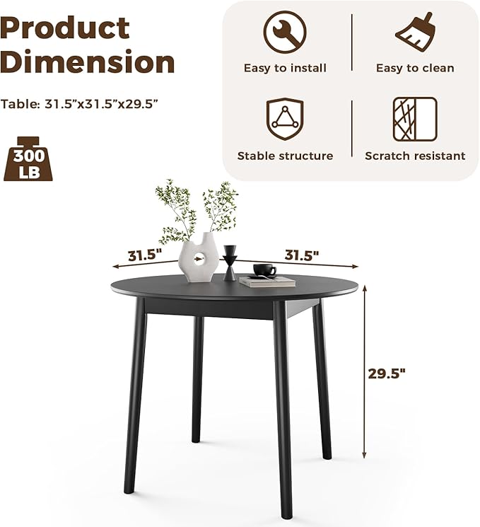 DELAVIN 31.5" Solid Wood Round Dining Table for 4, Mid Century Small Kitchen Table for 2-4, Modern Office Table for Living Room, Dining Room, Dinette, Easy Assembly, Space Saving, Black