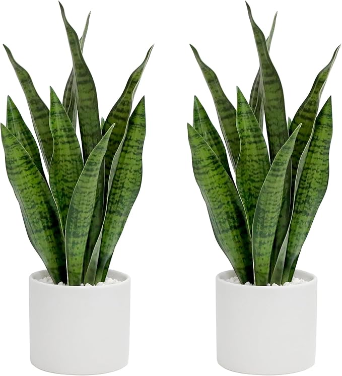 Faux Plants, Artificial Snake Plant Set of 2, Faux Snake Plant with Pure White Ceramic Pots, Fake Sansevieria for Home Decor Indoor, Office, Living Room, Housewarming Gifts