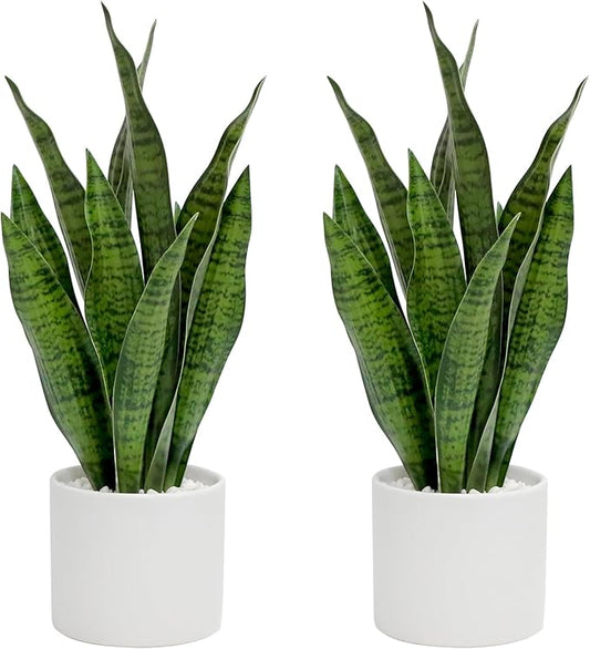 Faux Plants, Artificial Snake Plant Set of 2, Faux Snake Plant with Pure White Ceramic Pots, Fake Sansevieria for Home Decor Indoor, Office, Living Room, Housewarming Gifts