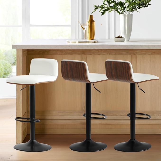 Set of 3 Swivel Bar Stools Adjustable Height, Faux Leather Barstools with Wooden Back and Footrest, Counter Height Bar Height Chairs for Kitchen Island, Dining Room, White