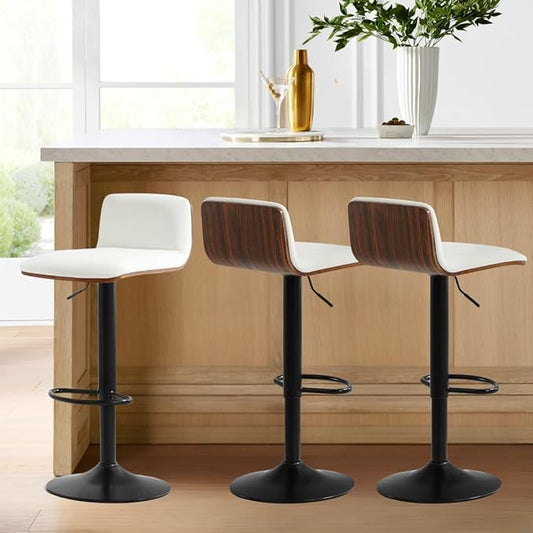 Set of 3 Swivel Bar Stools Adjustable Height, Faux Leather Barstools with Wooden Back and Footrest, Counter Height Bar Height Chairs for Kitchen Island, Dining Room, White