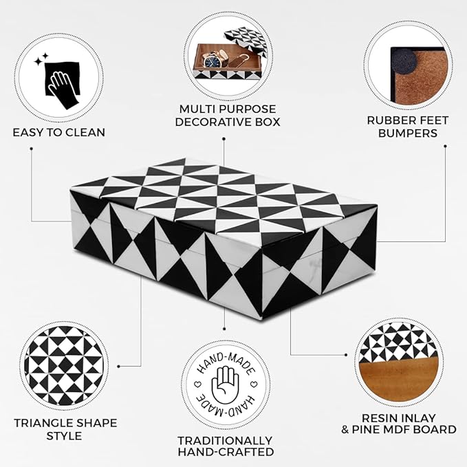 Handicrafts Home Handmade Triangle-B&W Collection Decorative Jewelry Box Organizer – Keepsakes, Trinkets, and Home Decor – Antique Coffee Table Storage, Memory Box, Farmhouse Style Decor, 10x6x2.5
