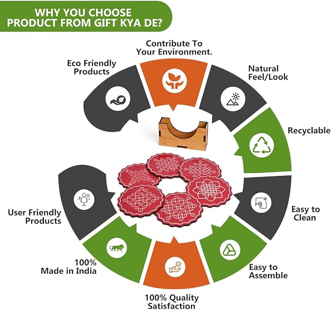 GKD Wooden Coasters for Drinks, Coasters Set of 6 with Holder, 3.5 inches Eco-Friendly Absorbent Coaster for Coffee Table, Bar, Drinking Glasses, Tabletop Protection (1, Fine Art Red)