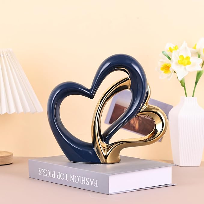 Ceramic Heart Decor Love Statue, Navy Blue Gold Double Hearts Sculptures for Home Table Centerpiece Decor, Valentine, Wedding, Decorative Items for Shelves, Coffee Table Decor (Double Heart)