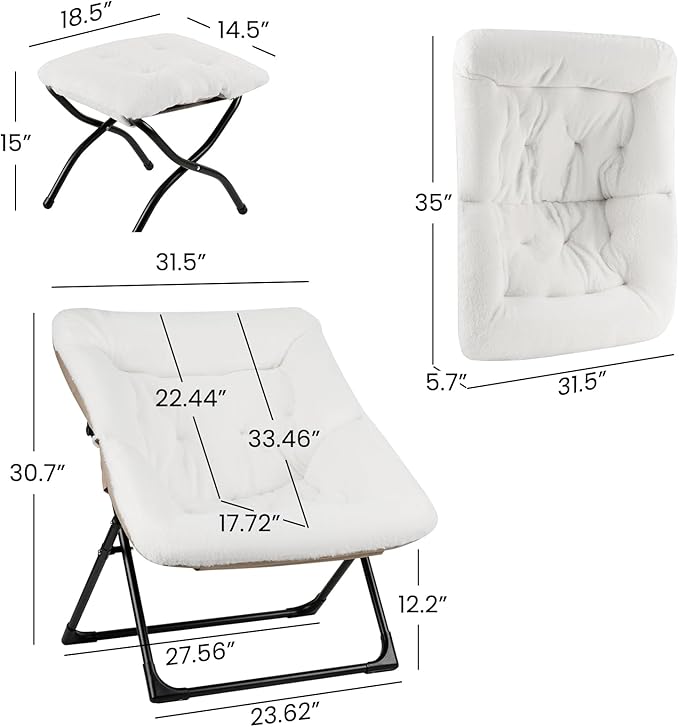 Comfy Saucer Chair for Adults, Soft Faux Fur Bedroom Chair with Ottoman, Accent Dorm Chairs, Living Room Reading Chairs and Footstool, Folding Lounge Seat for Teens, X-Large, White