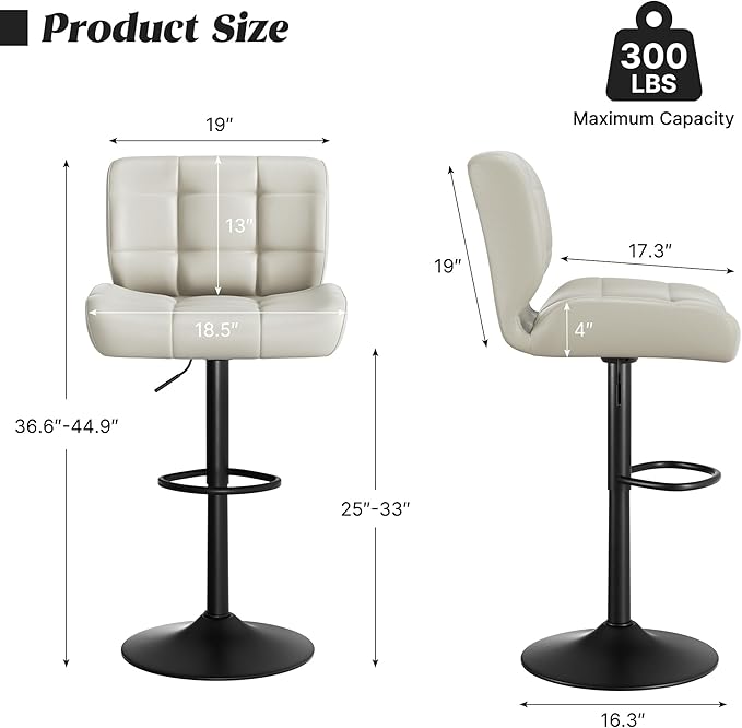 Modern Bar Stools Set of 3, Faux Leather Upholstered Swivel Bar Stools, Adjustable Counter Height Bar Chairs with High Back and Footrest for Kitchen Island (Khaki)