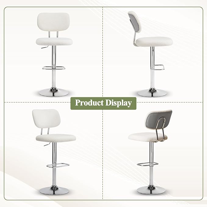 Furniliving Adjustable Bar Stools Set of 2, Modern Teddy Velvet Swivel Barstools with Curved Back, Stylish Armless Counter Height Bar Stools Bar Chairs for Kitchen Island, Bar, Grey