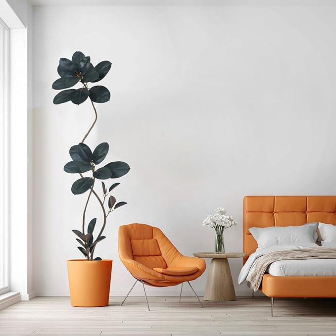 Artificial Rubber Tree Plant, 78 Inch Indoor Tree, Green with Round Planter, All Season Home Decor (Black,6.5ft)