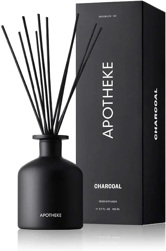 Apotheke Luxury Scented Reed Diffuser for Home, Charcoal - 6.7 Fl Oz Essential Oil Aromatherapy - 10 Rattan Scent Sticks Room Diffuser - Long-Lasting Fragrance for Bedroom, Home, Bathroom