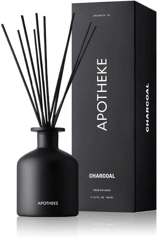 Apotheke Luxury Scented Reed Diffuser for Home, Charcoal - 6.7 Fl Oz Essential Oil Aromatherapy - 10 Rattan Scent Sticks Room Diffuser - Long-Lasting Fragrance for Bedroom, Home, Bathroom