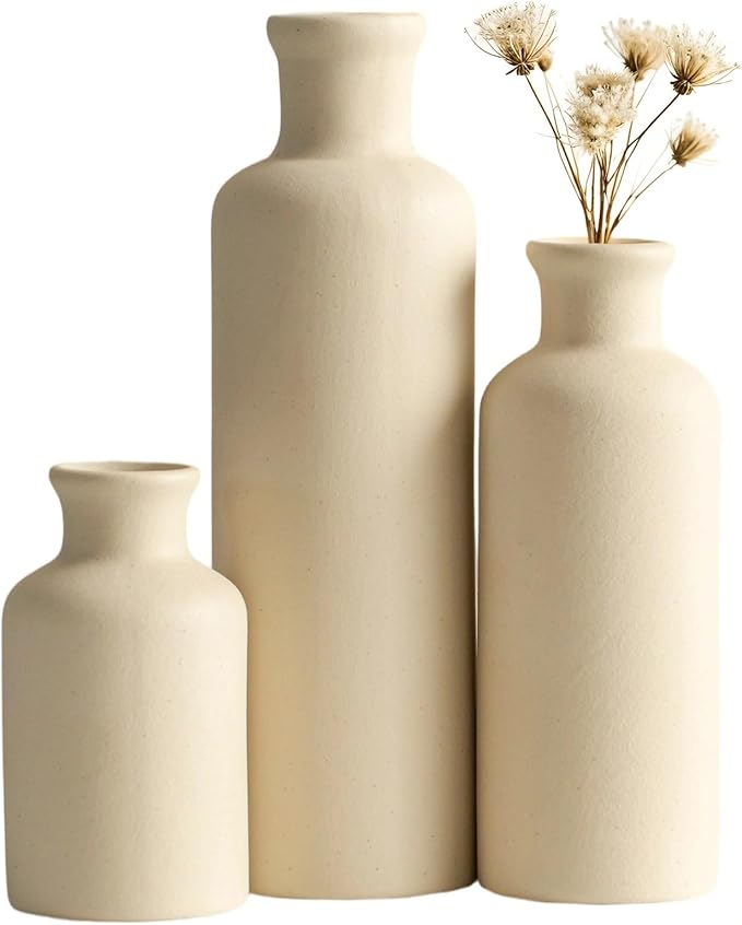10 Inch Modern Ceramic Vase Set of 3, Beige Colors, Decorative Bottles for Home, Farmhouse Rustic Decor (Beige)