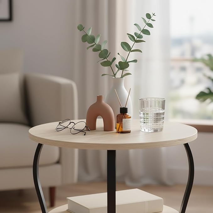 Vintage Small Round Side Table, 3-Tier Slim Waist Circular End Table with Storage Shelf, Compact Tea Sofa Side Table, Round Corner Coffee Table Nightstand for Living Room Bedroom Small Spaces,Oak