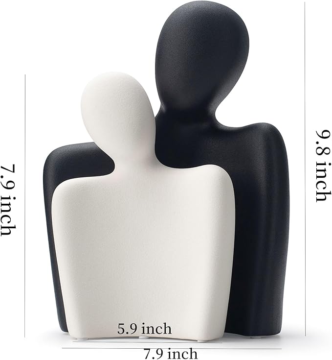 Ceramic Couple Statues for Home Decor, Hugging Couple Figurines, Modern Romantic Love Sculptures for Living Room Bedroom Office Shelf and Table Decor, Black White