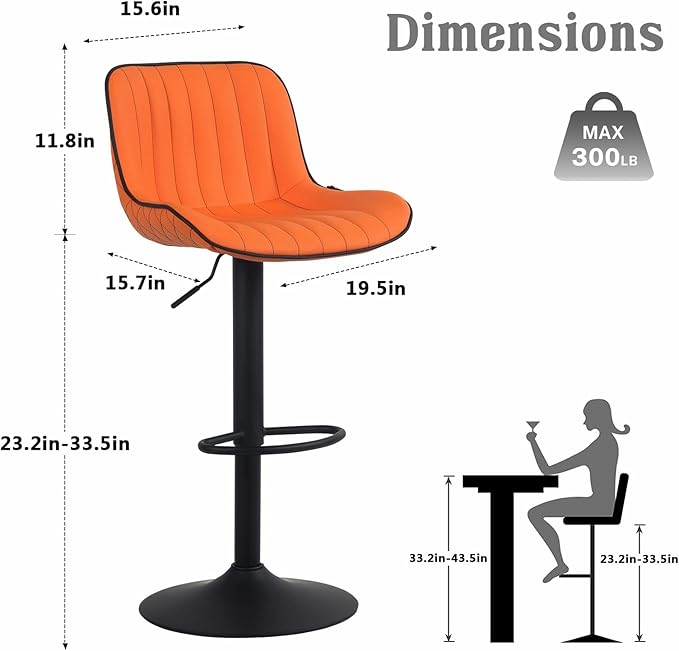 YOUNUOKE Orange Bar Stools Set of 2, Height Adjustable, 360° Swivel, Faux Leather Upholstered Barstools with Back, Mid-Century Modern Design, Stools for Kitchen Island, Home Bar, Bistro, Restaurant