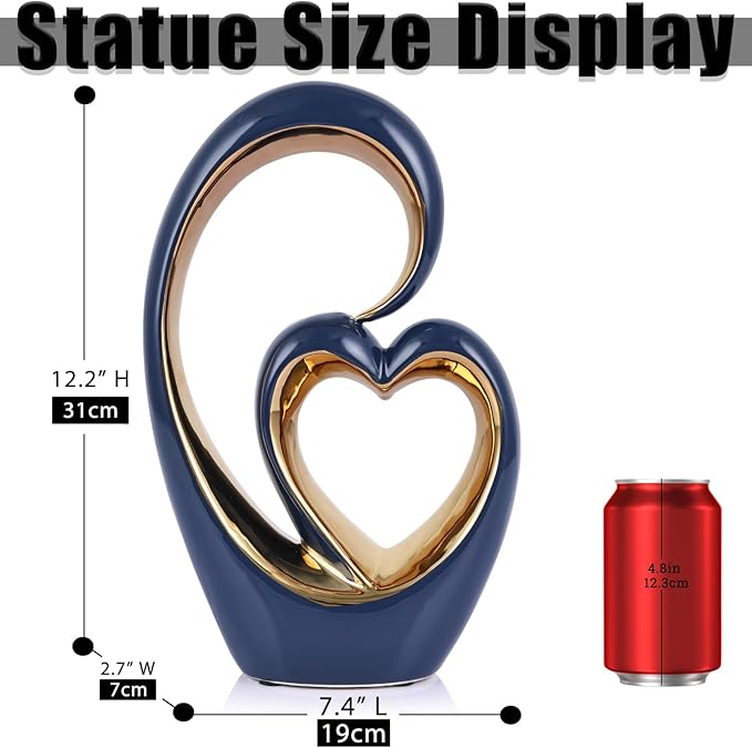 Ceramic Heart Decor Love Statue, Navy Blue Gold Double Hearts Sculptures for Home Table Centerpiece Decor, Valentine, Wedding, Decorative Items for Shelves, Coffee Table Decor (S Heart -Tall)