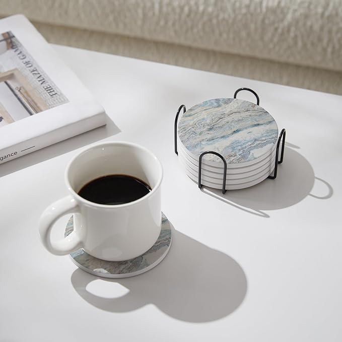 Set of 6 Mix Color Abstract Onyx Marble Coasters with Holder, Absorbent Ceramic Coasters for Drinks, Coasters with Cork Backing for Table Protection, Home Decor, Coffee Table Decor