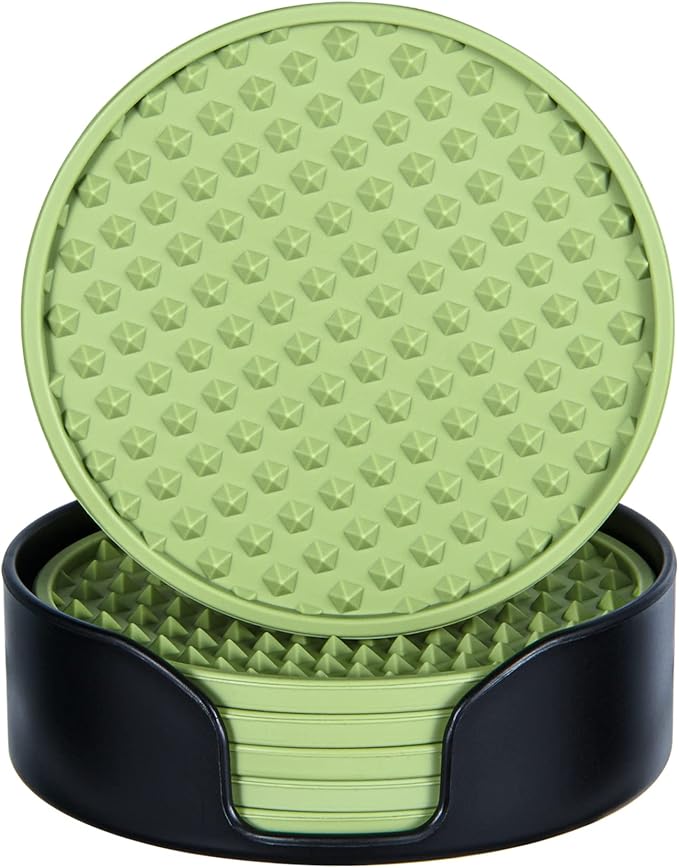 Coasters for Drinks 6 Pcs Plastic Coaster with Holder,Heat Resistant Silicone Cup Mat Tabletop Protection,Non-Slip Rubber Coasters for Kinds of Cups (Green)