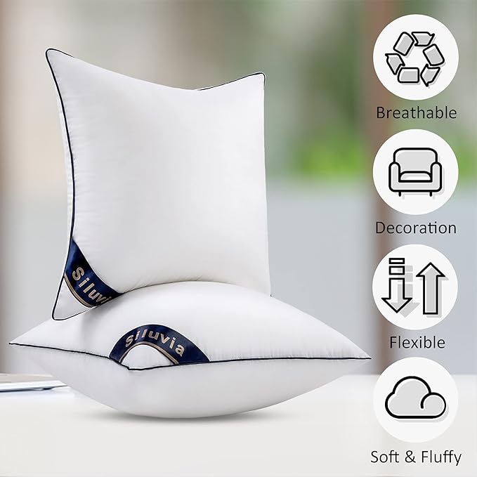 Siluvia 24x24 Pillow Inserts Set of 2 Square Throw 24 Euro Pillows with 100% Cotton Cover for Sofa, Couch, and Bed - White