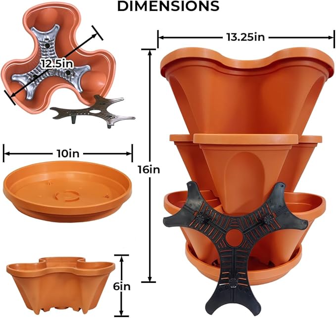 3 Tier Stacking Planter-Flower, Herb, Stackable Garden, Vegetable-Self-Watering-Indoor/Outdoor (Terracotta)