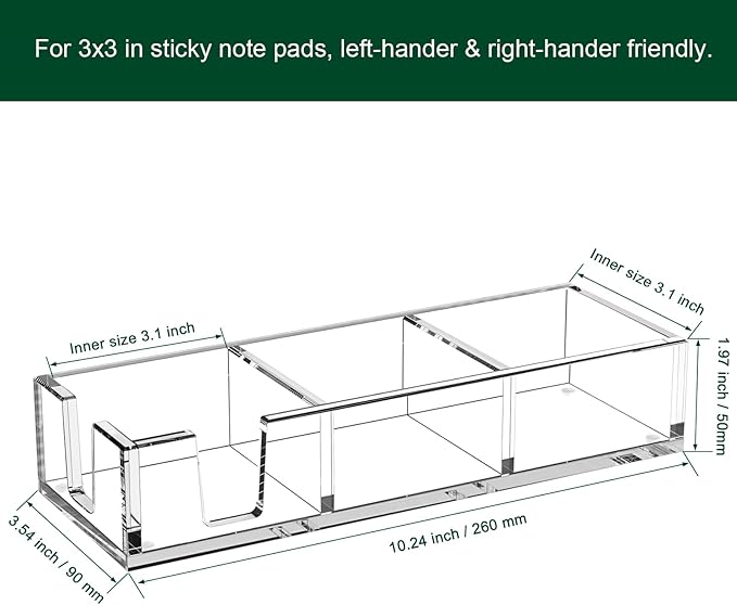 Acrylic Sticky Note Holder, Self-Stick Note Pad Holder W/O Pads - Note Dispenser Memo Pad Holder Desk Organizer for School Office Home (3''x3'' 3IN1 Clear)