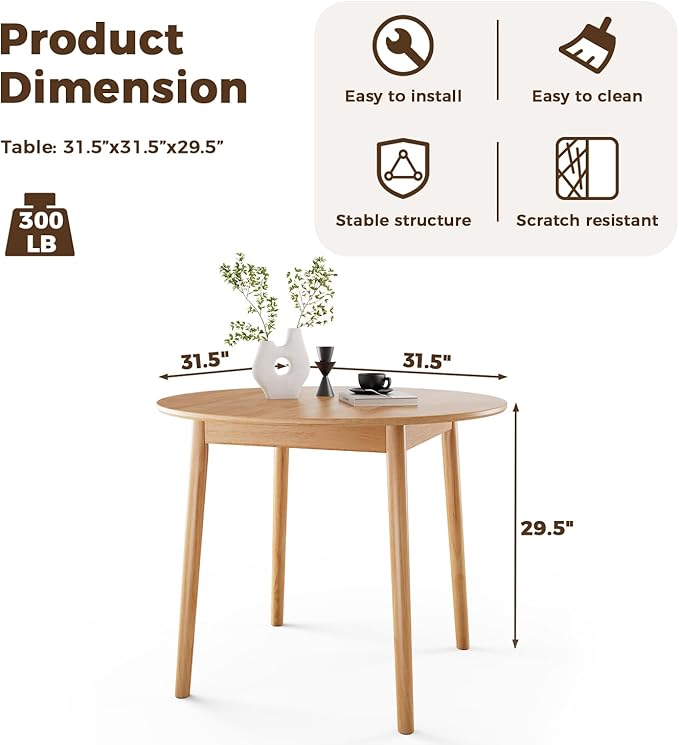 DELAVIN 31.5" Solid Wood Round Dining Table for 4, Farmhouse Small Kitchen Table for 2-4, Modern Office Table for Home Kitchen Apartment, Easy Assembly, Space Saving, Natural
