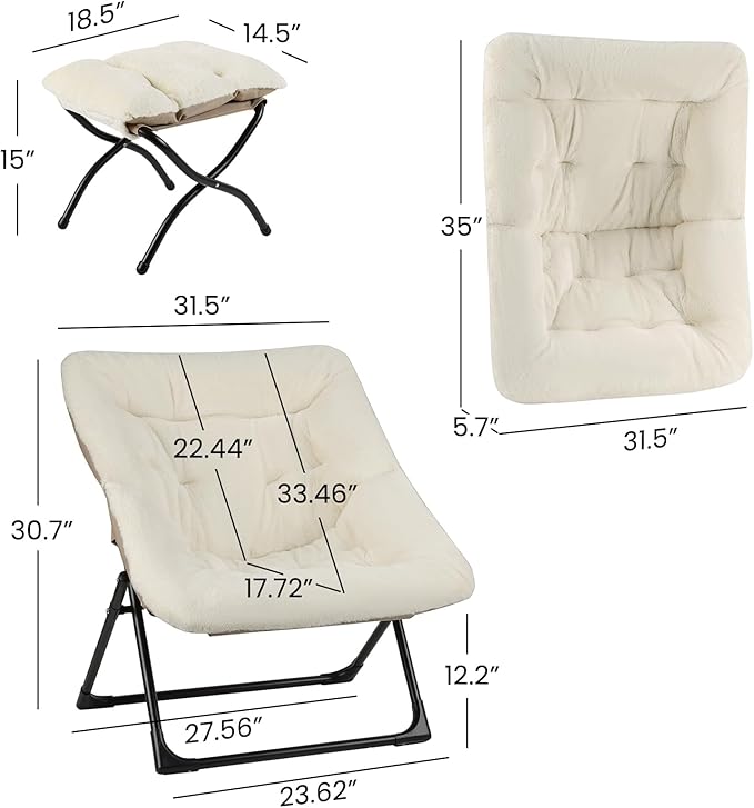 Comfy Saucer Chair for Adults, Soft Faux Fur Bedroom Chair with Ottoman, Accent Dorm Chairs, Living Room Reading Chairs and Footstool, Folding Lounge Seat for Teens, X-Large, Beige
