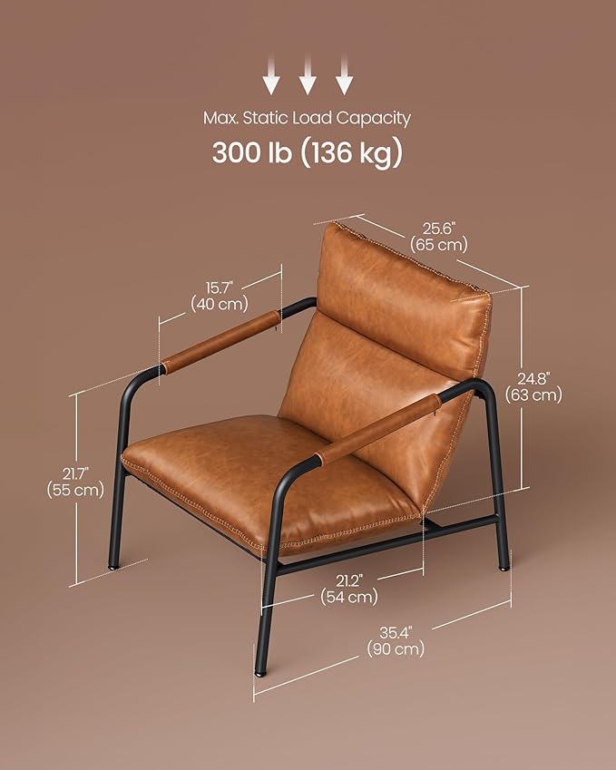 VASAGLE EKHO Collection - Accent Chair, Metal Framed Armchair, Synthetic Leather with Stitching, Mid-Century Modern, Sling Chair for Living, Bedroom, Reading Room, Lounge, Caramel Brown ULAC014K01
