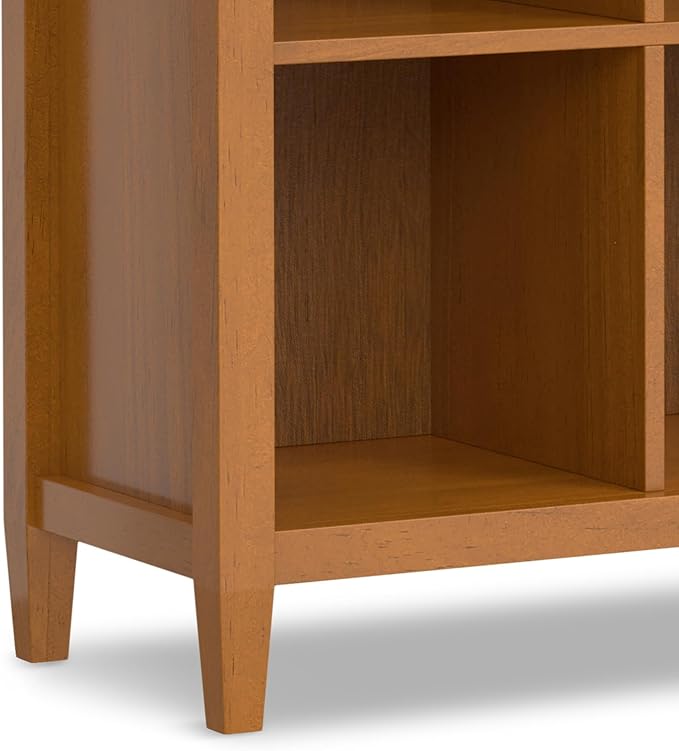 SIMPLIHOME Warm Shaker Console Table - 57 Inch Wide Solid Wood Sofa Table in Light Golden Brown, Transitional Bookcase for Entryway or Living Room with 8 Open Storage Cubbies and Square Tapered Legs