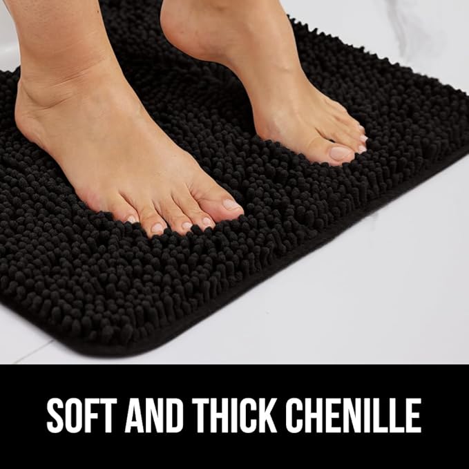 GORILLA GRIP Plush Absorbent Shaggy Chenille Bath Rug Mat for Square Toilet Base with Rubber Backing, Machine Washable Rugs, Soft Microfiber Contour Mats for Toilets, Bathroom Decor, Black