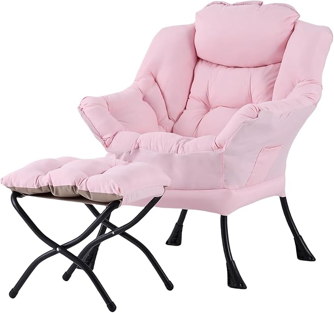 Welnow Lazy Chair with Ottoman, Modern Reading Lounge Accent Chair with Armrests and a Side Pocket, Leisure Upholstered Lazy Sofa Set with Footrest for Small Space