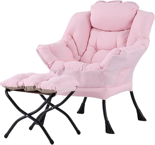 Welnow Lazy Chair with Ottoman, Modern Reading Lounge Accent Chair with Armrests and a Side Pocket, Leisure Upholstered Lazy Sofa Set with Footrest for Small Space