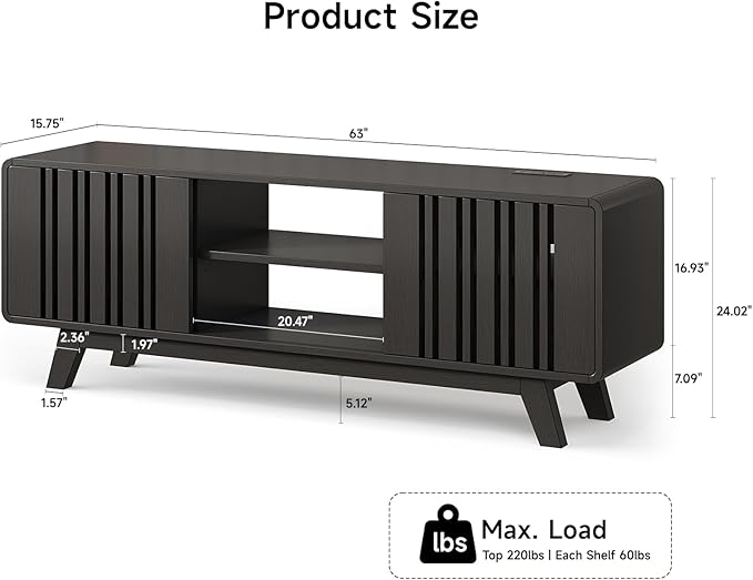 ONBRILL 63-Inch TV Stand for TVs up to 75 Inch, Mid-Century Modern Television Stand with Power Outlet， Entertainment Center with Sliding Grille Door Cabinets and Open Shelves for Living Room, Black