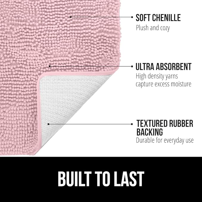 GORILLA GRIP Plush Absorbent Shaggy Chenille Bath Rug Mat for Square Toilet Base with Rubber Backing, Machine Washable Rugs, Soft Microfiber Contour Mats for Toilets, Bathroom Decor, Lt Pink