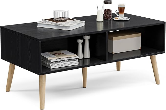 Wood Coffee Table with Storage, Boho Dining Table with Sliding Rattan Door Panel and Solid Wood Legs, Small Coffee Tables for Living Room, Oak (Black_LSJ007)