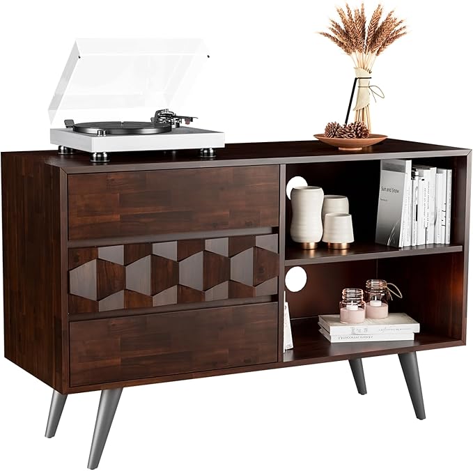 Bme Georgina 45 Inch Solid Wood TV Stand, Under 10 Minutes Assembly Entertainment Center with Storage, Geometric Pattern TV Console for Living Room, Bedroom, Dinning Room - Walnut