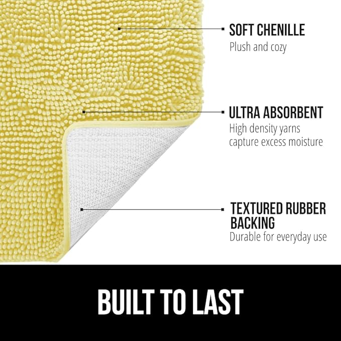 GORILLA GRIP Plush Absorbent Shaggy Chenille Bath Rug Mat for Oval Toilet Base with Rubber Backing, Machine Washable Rugs, Soft Microfiber Contour Mats for Toilets, Bathroom Decor, Yellow