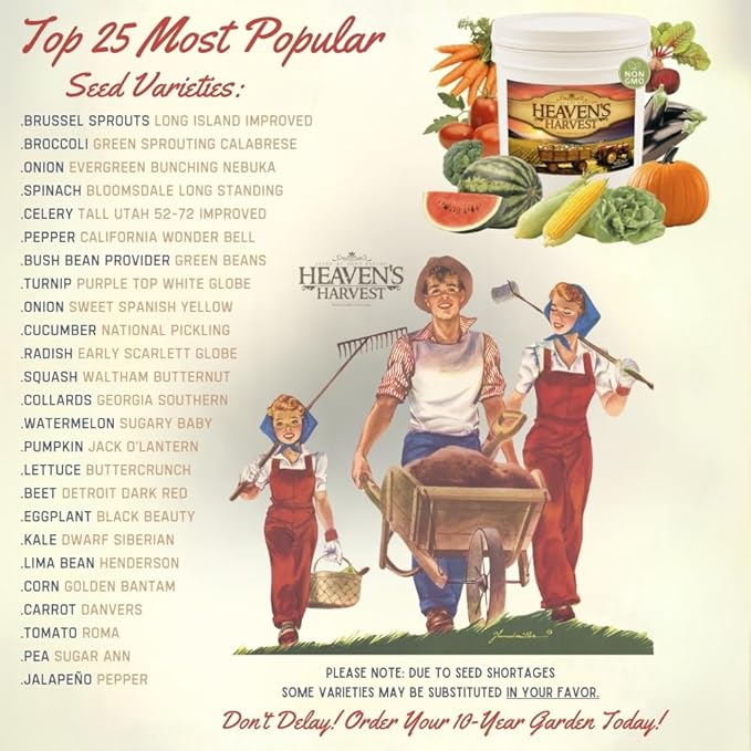 Heaven’s Harvest “10 Year Garden” Survival Seed Bank Kit | Over 50k Non GMO Heirloom Vegetable Survival Seeds + 2 Free Bonus Items: Clyde’s Garden Planner + Seed Vault Storage Drum for 10 Year Storage