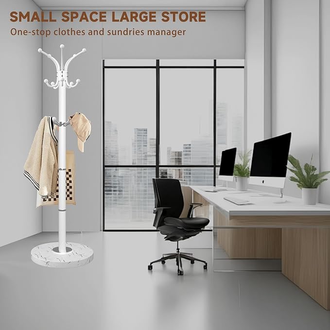 Metal Coat Rack Stand with Natural Marble Base, Modern Coat Rack Freestanding, 360°Rotary Coat Racks with 14 Hooks, Heavy Duty Coat Hall Tree Hanger Stand for Entryway, Office