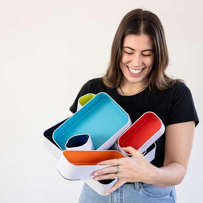 Three by Three Seattle 6 Piece Metal Organizer Tray Set for Storing Makeup, Stationery, Utensils, and More in Office Desk, Kitchen and Bathroom Drawers (2 Inch, Assorted Colors, Stripes)