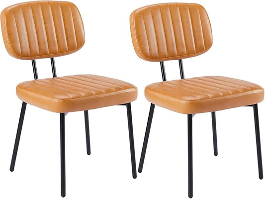 DUMOS Dining Chairs Set of 2, Upholstered Mid-Century PU Leather Accent Chair with Backrest and Metal Legs for Kitchen, Living Room, Brown