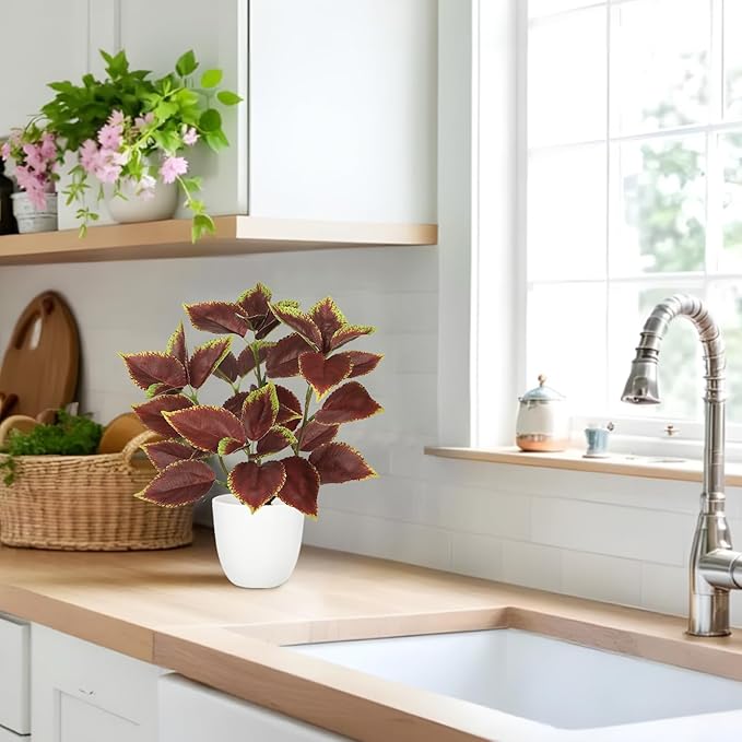 Artificial Plants Indoor 14.2" Small Fake Perilla Plant in Pot Potted Plants Artificial Decor Faux House Plant with White Pot for Farmhouse Home Office Bathroom Living Room Table Shelf Decor