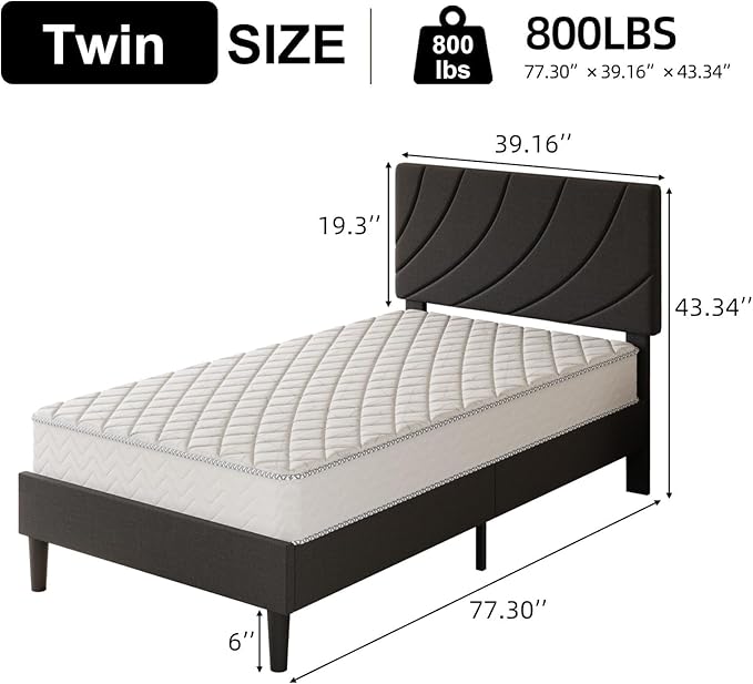 HOMBCK Twin Size Bed Frames, Black Twin Bed Frame with Linen Fabric Upholstered Headboard and Wooden Slats Support,Adjustable Headboard, No Box Spring Needed, Noise-Free, Easy Assembly, Black