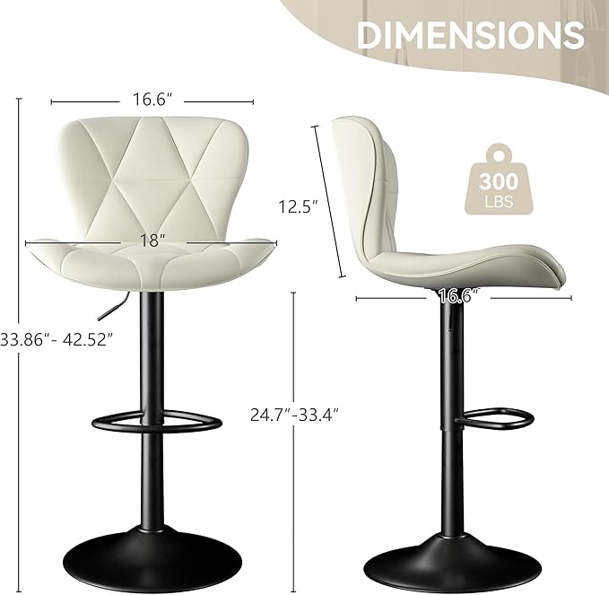 Bar Stools Set of 6,Adjustable Swivel Barstools, Faux Leather Bar Chairs,Upholstered Counter Height with High Backrest for Kitchen Island,White