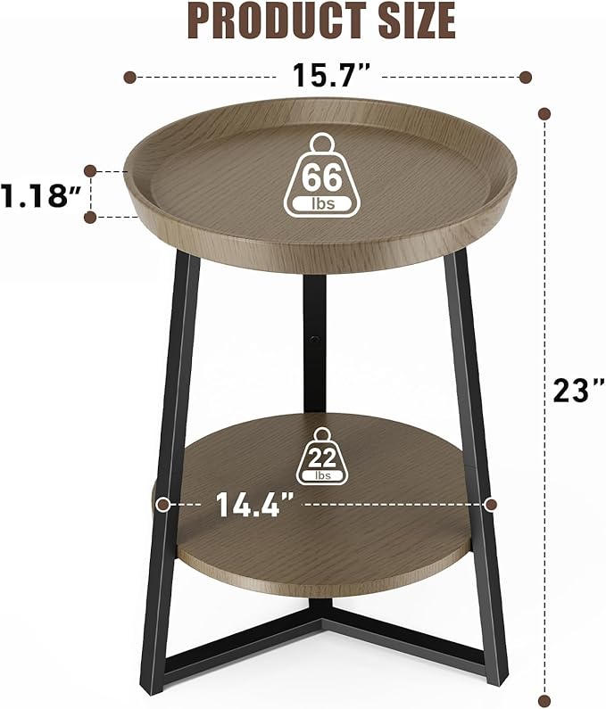 Gadroad Round End Table with Storage Shelf, 2 Tier Farmhouse Side Table Nightstand for Living Room, Bedroom, Wood Tabletop & Black Metal Frame, Walnut Color 15.7 * 15.7 * 23.0inches