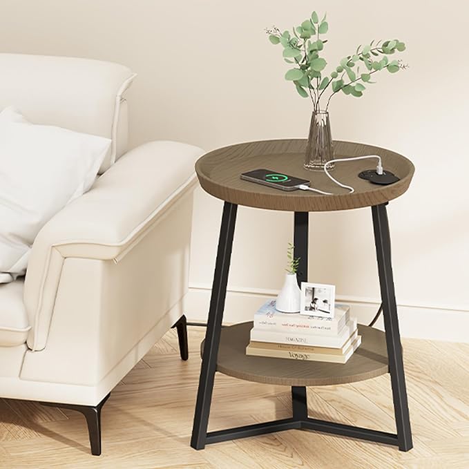 Gadroad Round End Table with Charging Station, USB Ports, Wood Tabletop & Black Metal Frame, 2-Tier Side Table for Living Room, Bedroom, Walnut Color 15.7 * 15.7 * 23.0inches