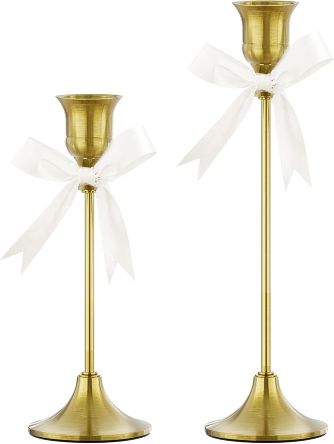 FSyueyun Brass Candlestick Holders Set of 2, Elegant Metal Candlestick Holders for Vintage Taper Candle Holders, Perfect for Table Centerpieces, Fireplace, Home Decor, Weddings and Party Decorations