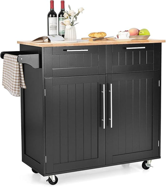 COSTWAY Kitchen Island Cart on Wheels, with Side Towel Bar, 2 Drawers, 2 Door Cabinet, Rolling Storage Trolley Cart with Rubber Wood Top & Lockable Casters (Black)