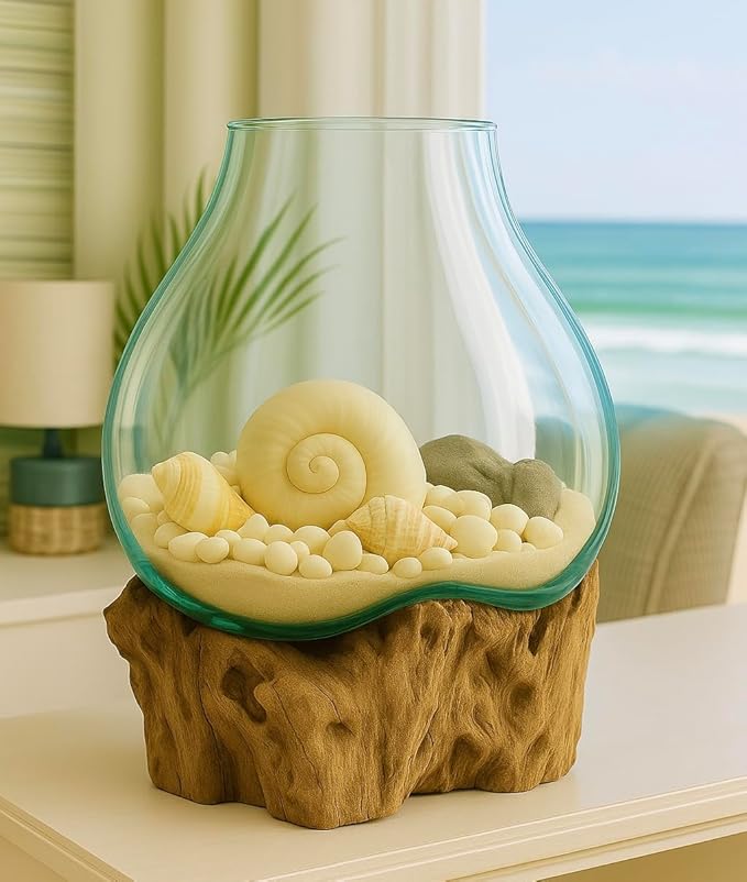OMA Hand Blown Molten Glass on Driftwood Terrarium Vase or Planter – Recycled Glass & Natural Wood for Coastal & Boho Home Décor (12"–14" High)